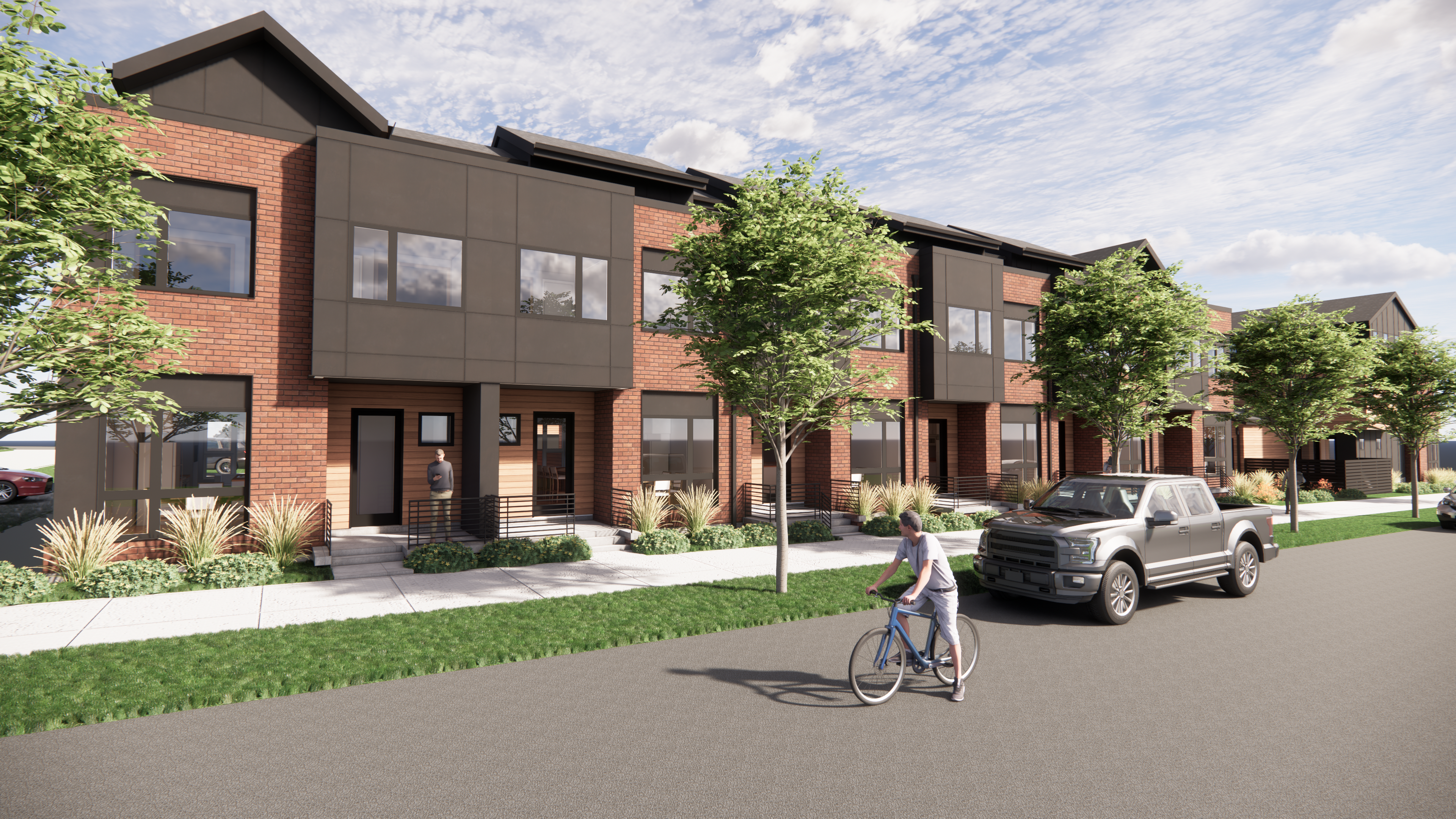 Violla modern townhome exteriors with tree-lined sidewalks in Boulder, CO.